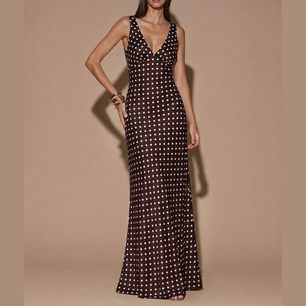 Espresso Brown / White Polka Dot Satin Maxi Dress with V Neck